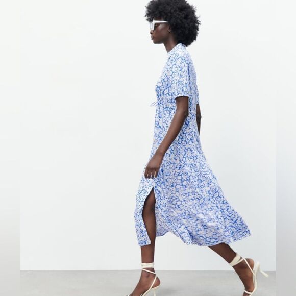 Zara Linen Blend Midi Printed Dress New - Picture 4 of 8